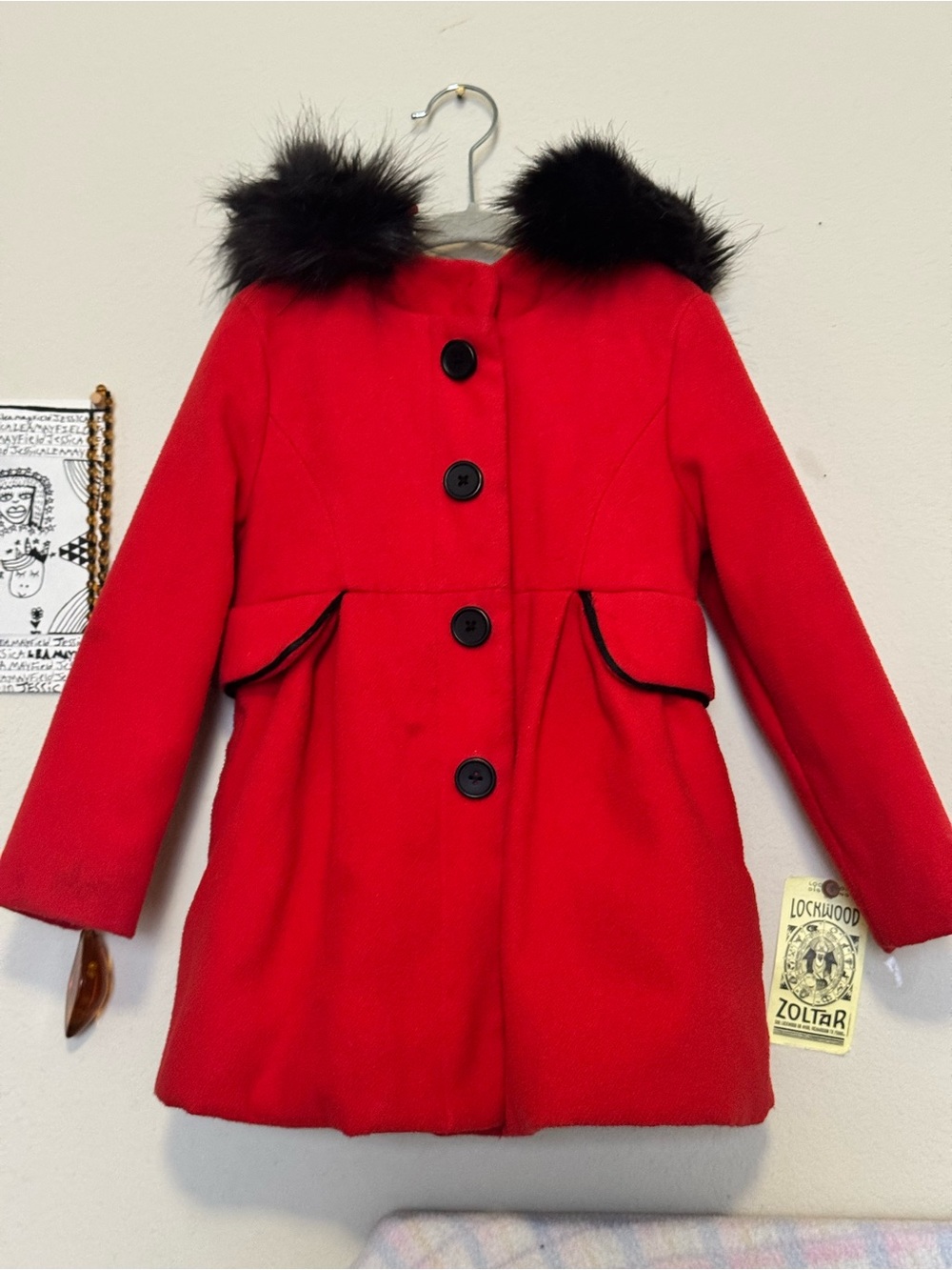Cat & Jack Red Pea Coat with Black Faux Fur Collar